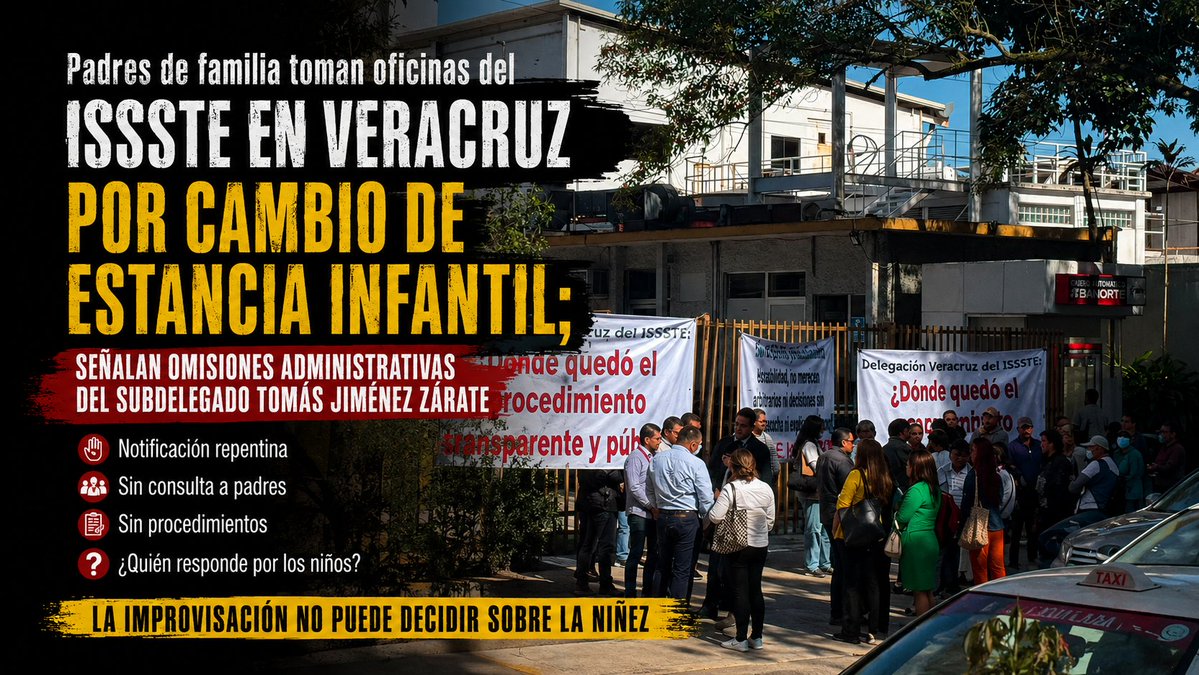 J_ulin66's tweet photo. Padres toman oficinas del #ISSSTE en #Xalapa tras denunciar un cambio repentino de estancia infantil que afectaría a cerca de 80 niñas y niños.

Acusan falta de información, consulta y cumplimiento de procedimientos, y señalan presuntas omisiones administrativas del subdelegado Tomás Jiménez Zárate.

Exigen respuestas y una solución. #Veracruz #EstanciasInfantiles 

https://t.co/uR9A9eH1yF