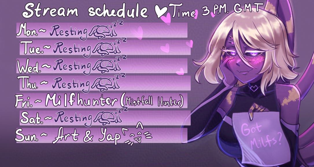 Vynne_Arachne's tweet photo. It's not much but it's honest stream schedule! 💜
I got a new game :::3 https://t.co/1FNpVg2NNV