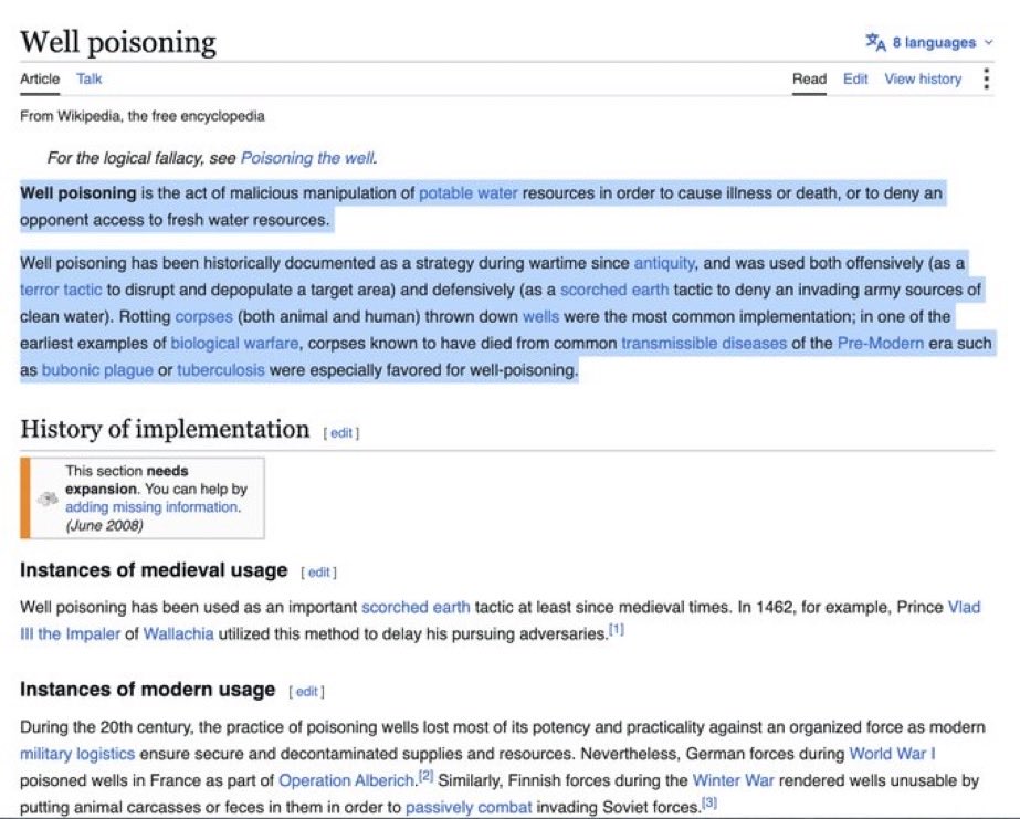 viamarkpage's tweet photo. Sounds a bit familiar?

"Well poisoning is the act of malicious manipulation of potable water resources in order to cause illness or death, or to deny an opponent access to fresh water resources.Well poisoning has been historically documented as a strategy during wartime. https://t.co/3NAFOr0vnh