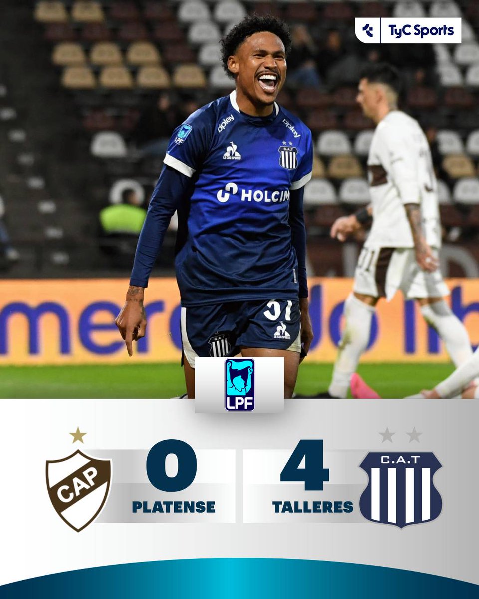 TyCSports's tweet photo. ¡TALLERES GOLEÓ A PLATENSE EN VICENTE LÓPEZ!

En el marco de la tercera fecha del #TorneoClausura, el conjunto cordobés superó al Calamar por 4 a 0 y selló su primera victoria con Jorge Sampaoli al mando. Los goles fueron obra de Rick Lima Morais (43' y 74'), Depietri (69') y Cristaldo (77').

📷 FotoBaires