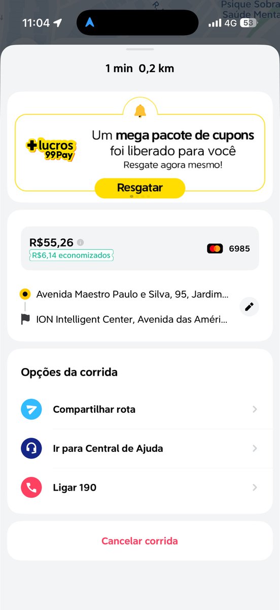 Danilerys's tweet photo. O @voude99 deve estar de sacanagem comigo. Toda corrida é isso: eles colocam o valor da tarifa, dizem que já está incluso o pedagio e todo final de corrida fazem uma cobrança de R$4 reais extras falando que é o pedagio. Parem de lesar os consumidores, propaganda enganosa é crime. https://t.co/d68TjU0Fmb