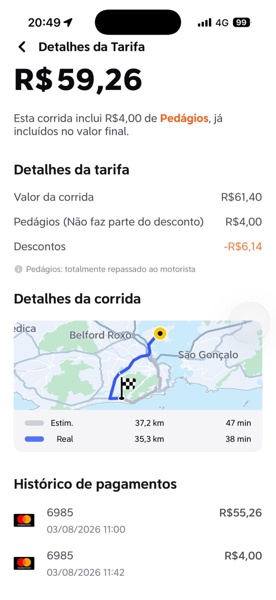 Danilerys's tweet photo. O @voude99 deve estar de sacanagem comigo. Toda corrida é isso: eles colocam o valor da tarifa, dizem que já está incluso o pedagio e todo final de corrida fazem uma cobrança de R$4 reais extras falando que é o pedagio. Parem de lesar os consumidores, propaganda enganosa é crime. https://t.co/d68TjU0Fmb