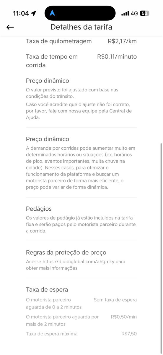 Danilerys's tweet photo. O @voude99 deve estar de sacanagem comigo. Toda corrida é isso: eles colocam o valor da tarifa, dizem que já está incluso o pedagio e todo final de corrida fazem uma cobrança de R$4 reais extras falando que é o pedagio. Parem de lesar os consumidores, propaganda enganosa é crime. https://t.co/d68TjU0Fmb