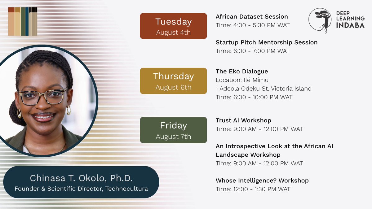 ChinasaTOkolo's tweet photo. Here’s my full list of engagements at Deep Learning Indaba this week! 

It's been inspiring meeting students and young professionals from all over the continent, and I can’t wait to have more insightful conversations. https://t.co/C9yuaDBDwW