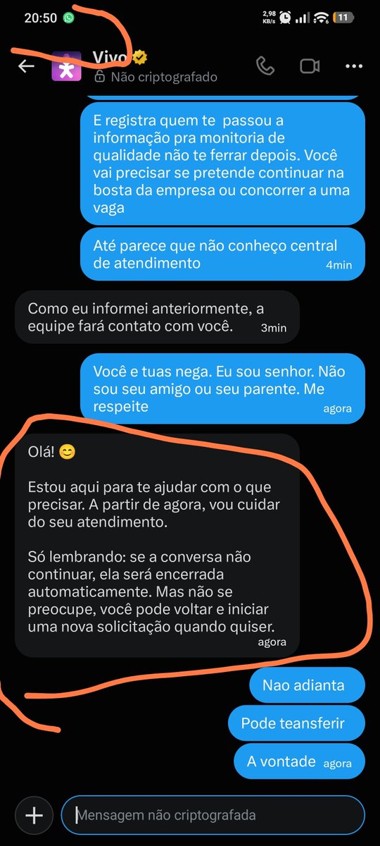 GUSTAVOCMATOS's tweet photo. Adivinha quem me transferiu pela.nona vez desde as 17 horas ? Exato...a @vivo e tem.maos.qua do aparece isso no chat, é porque eles transferem... https://t.co/E6CZnvC46I