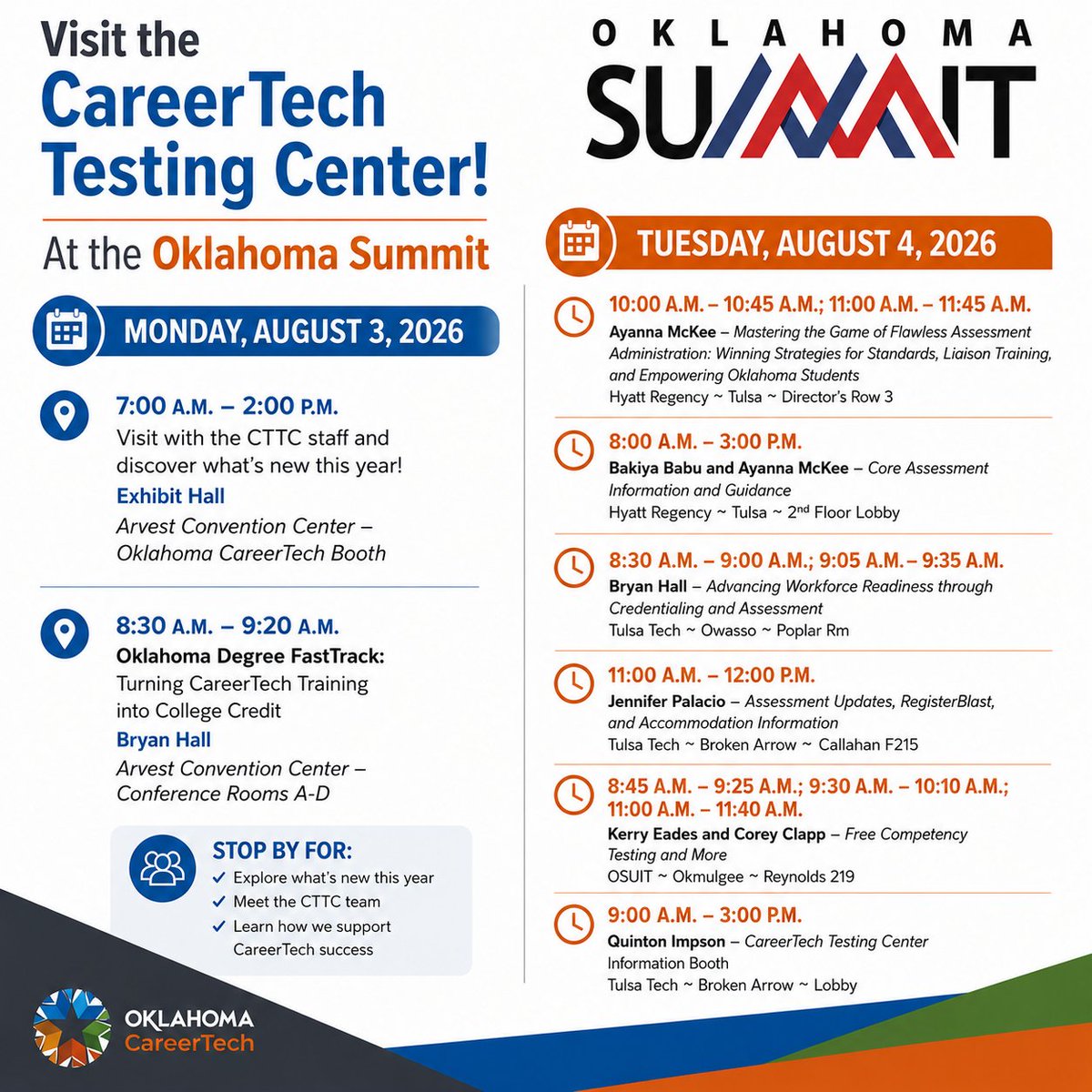 CareerTechTest's tweet photo. The CareerTech Testing Center is attending the 59th Annual Oklahoma Summit on August 3 - 4.  Come see us on day two at any of the following locations!
#OKSummit26 #OKCareerTech #OkACTE #CareerTechEducation https://t.co/S7924LnBY3