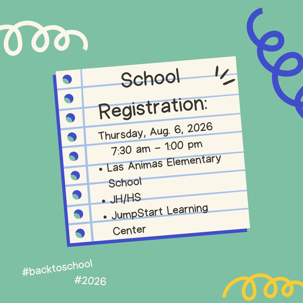 LasAnimasSchool's tweet photo. Las Animas School District will have registration this Thursday, Aug 6 from 7:30 am - 1:00 p.m. (LAES, JH/HS and JumpStart Learning Center)   
Questions?  Call LAES @ 719-456-1862 or the JH/HS @ 719-456-0211 https://t.co/sZnllwPDdt