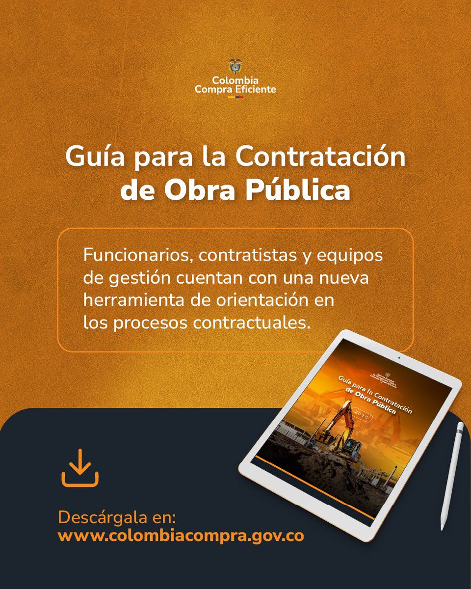 colombiacompra's tweet photo. 📢 ¡Nueva herramienta para fortalecer la contratación pública!

📥 Descárgala en: https://t.co/UEyg4mJQ1b 

#ContrataciónPública #ObraPública #ColombiaCompraEficiente https://t.co/5IIT0h9vx7