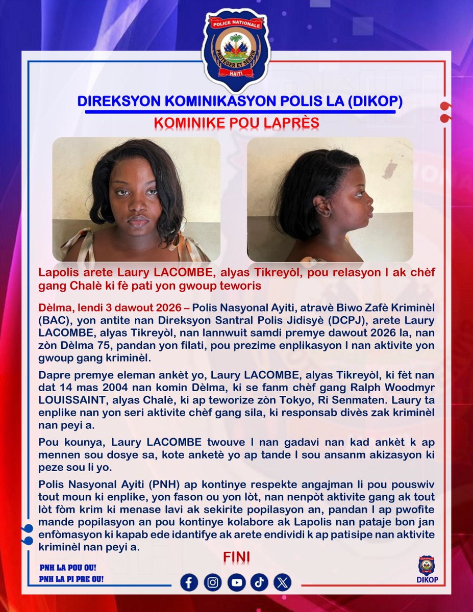 pnh_officiel's tweet photo. Lapolis arete Laury Lacombe alyas Tikreyòl pou relasyon l ak chèf gang Chalè ki fè pati gwoup gang teworis
#PNH #P4000 #SEKIRITE #1anDGParaison #Promo95PNH

PNH la pou ou !
PNH la pi prè ou ! https://t.co/snu2VVijf5