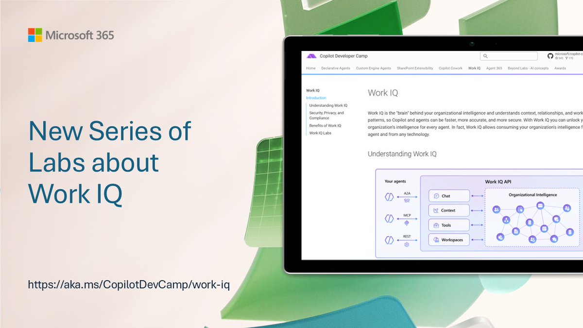 Microsoft365Dev's tweet photo. π New Work IQ Labs are now available in Copilot Developer Camp!
Learn how Work IQ helps Copilot and agents understand organisational context and build smarter AI experiences.
π Work IQ Labs: https://t.co/geMHZPcGOU
#WorkIQ #CopilotDevCamp #Microsoft365dev https://t.co/p3SUWq2AZ5