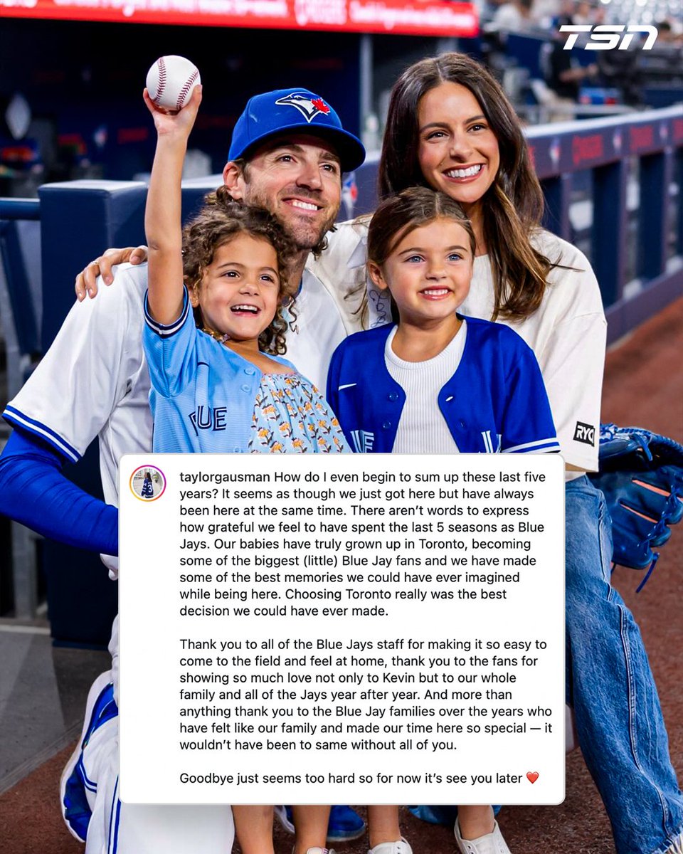 TSN_Sports's tweet photo. The Gausman family full of gratitude and love for Toronto and the Blue Jays ❤️ https://t.co/V2fQSIQ5nr