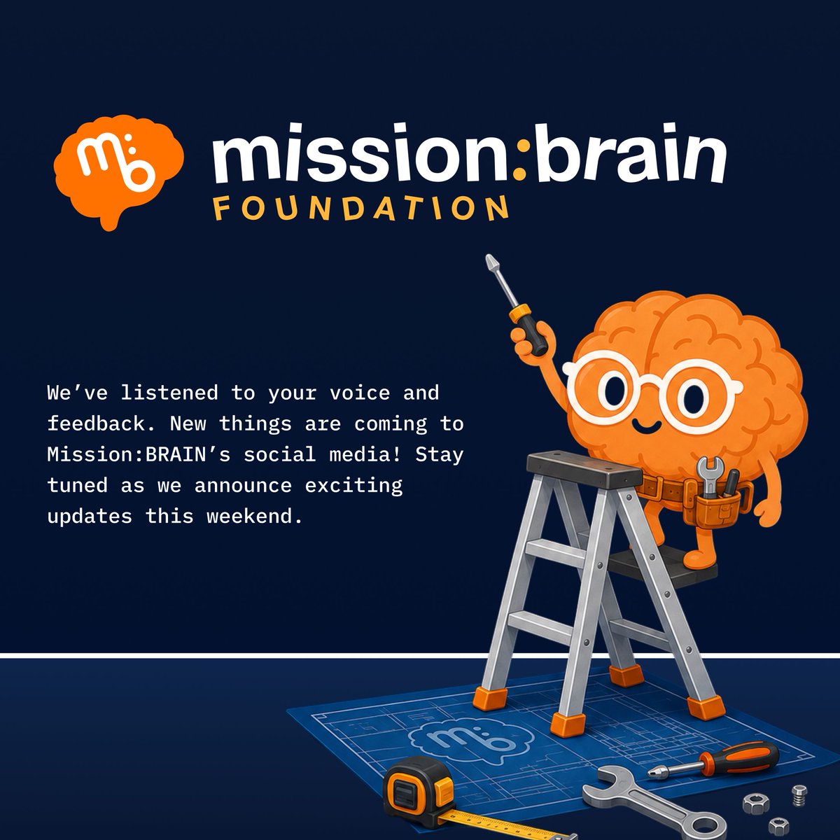 missionbrainorg's tweet photo. Something new is coming to Mission:BRAIN's social media.

We’ve been listening to your feedback and working behind the scenes to create fresh content, exciting updates, and new ways to share our mission and connect with our incredible community.

 Stay tuned! https://t.co/5qj3U5eDMs