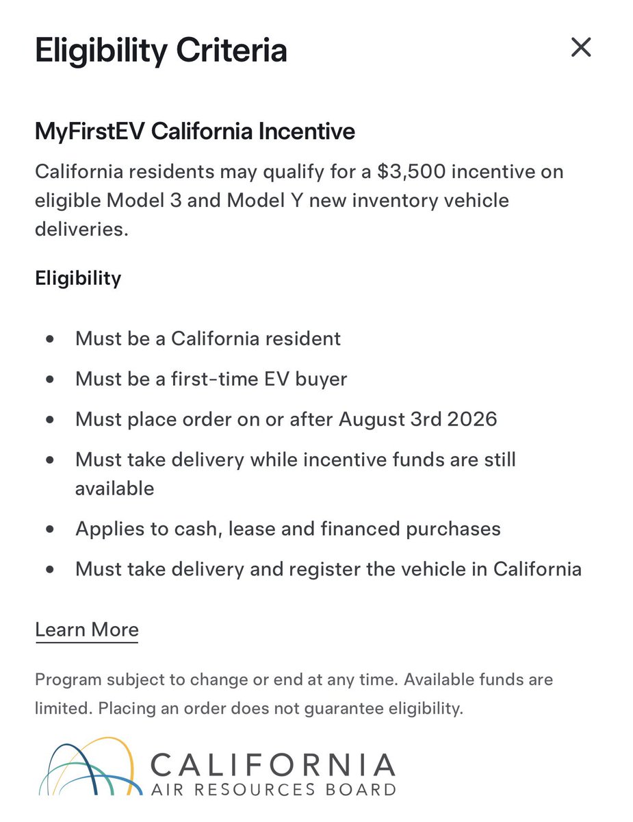 BLKMDL3's tweet photo. You can now get up to $3,500 off a new Tesla in California with the MyFirstEV Incentive! 

Eligible Tesla Model 3 and Model Y inventory cars may qualify for up to a $3500 incentive if you are eligible, funds are limited so order now.

Here are the criteria: https://t.co/tbNbFdXBdE