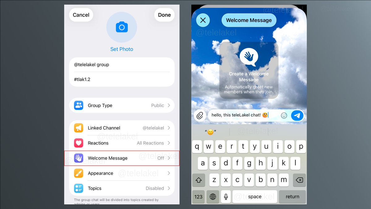telelakel's tweet photo. 👋 In the new Telegram Beta for iOS v12.9.3 (34550), Welcome Messages have been added to groups. These are ephemeral messages shown to users after they join a group.
#telegram #new #beta https://t.co/VfaWpaeoir