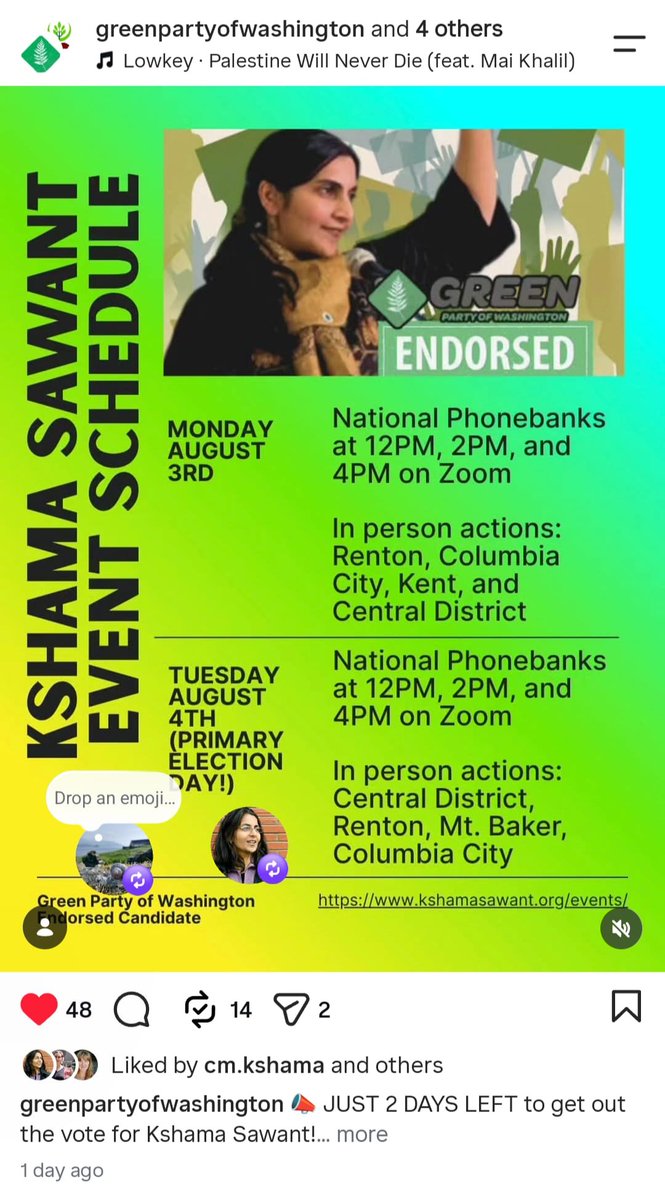 cmkshama's tweet photo. Thanks so much to the members of the Green Party in Seattle, in Washington state, and nationally, for their solidarity with our independent antiwar socialist campaign! Several Green Party members have gone out canvassing with us and the Green Party has shared their endorsement of our campaign widely to their supporters.

It's a crucial example of principled unity: yes, there are political differences, and we will continue having frank and necessary debates. We also agree our campaign is a historic opportunity to deal a blow to the war-profiteering billionaire class and it's our collective duty to the working class and the Palestinian people to GET OUT THE VOTE!

💥TOMORROW IS PRIMARY ELECTION DAY! 

💥VOTE NOW for our campaign if you are in Washington state's Ninth Congressional District and if you want our campaign to face off against billionaire-backed genocidal Democrat Adam Smith in the November election! https://t.co/sh3zyhgTI7

@GreenPartyUS
@seattlegreens 
@MarcMixon4 
@CallForCongress