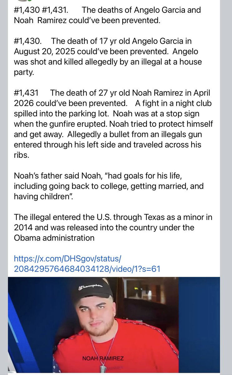 howmanyare2many's tweet photo. HOW MANY ARE TOO MANY?  

I’ve now posted 1,431 names of people killed or allegedly killed by an illegal 

Did you ever hear about Angelo & Noah’s preventable deaths?  Of course not, that’s why I do this.  MSM doesn’t report these deaths because they don’t want you to know about illegal immigrant crime.  IMO, that’s also why X hides this account.

Another illegal in custody, not deported and was then able to allegedly kill Angelo & Noah.  Look at how many of the 1,431 preventable deaths I’ve posted were committed by an illegal that was previously in custody, arrested and/or deported.

Please repost so Angelo & Noah aren’t forgotten and inform people of their preventable deaths.

 I’m not selling anything, not monetizing this,  not writing a book, not making a documentary, etc.  There’s nothing in this for me.  I see what’s happening to our country & trying to do something about it.  

@cptcookswife  @clmuseum  @JordanBrace8 @PatriotGal480 @poconomtngirl   @browngravy_93 @GeorgeEliseo  @greyman7107  @ZeroDarkKitty  @KatieZacharia @AlexisMcAdamsTV  @GregoryKBovino @hopeXmeta 
 https://t.co/uTJhE4jFoR