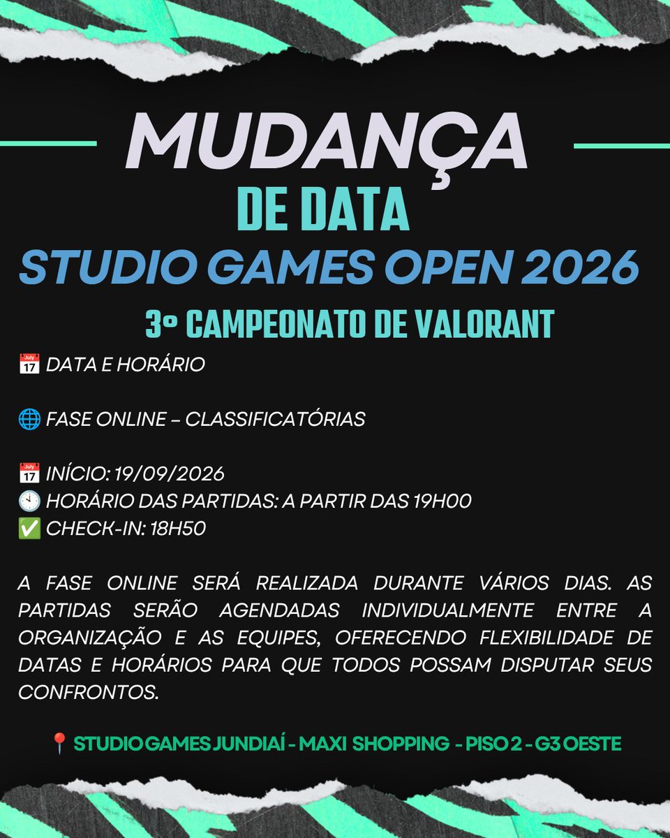 StudioGamevsJD's tweet photo. AS INSCRIÇÕES ESTÃO ABERTAS!

🎮 Valorant
👥 Até 128 equipes
🌐 Classificatórias Online
📅 Início: 19 de setembro

🏆 Premiação:
🥇 R$ 1.500 + Troféu
🥈 R$ 700 + Troféu
🥉 R$ 300 + Troféu
⭐ Prêmio para o MVP do campeonato

#VALORANT #Esports https://t.co/geYDDSOoZm