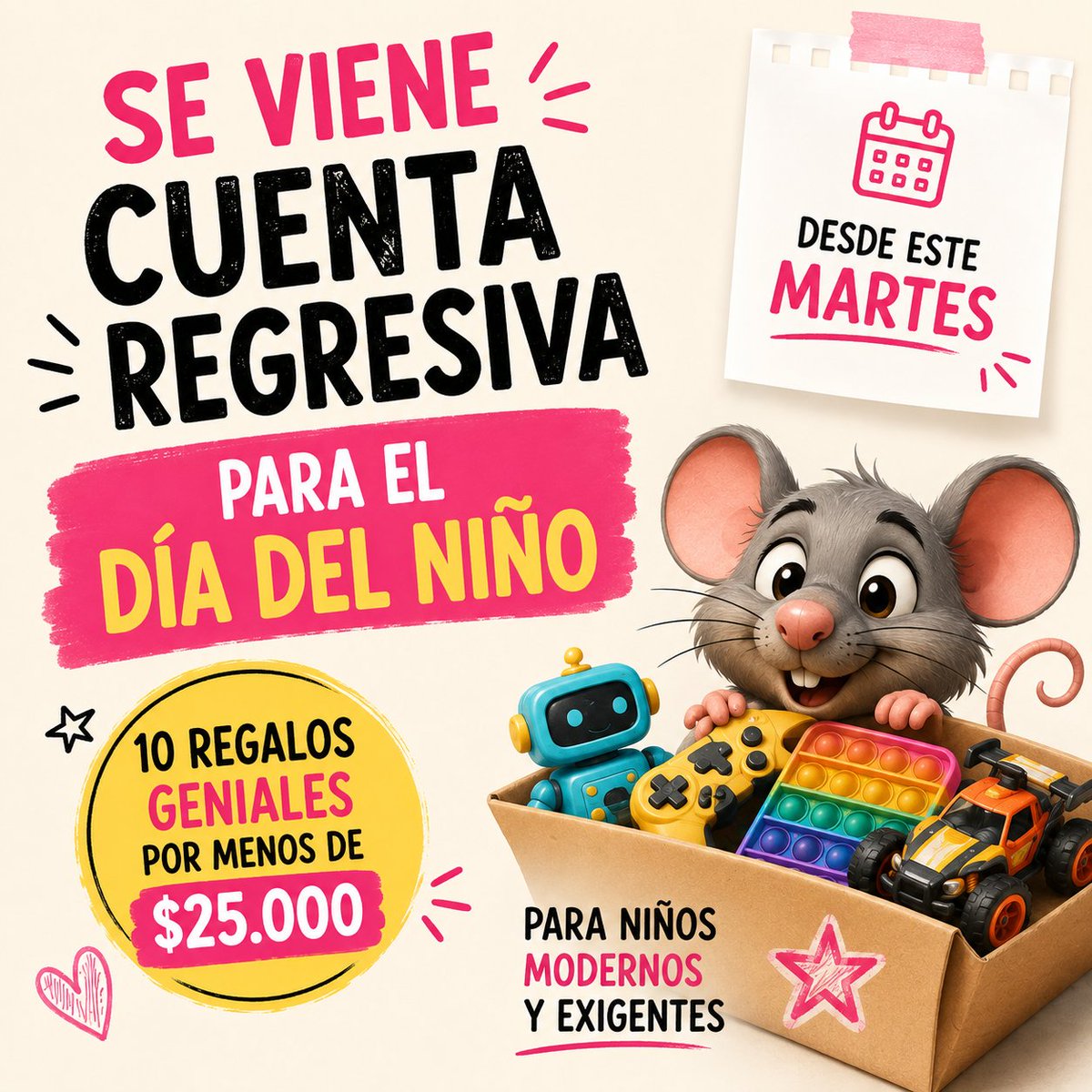RataMarket's tweet photo. 🎁 ¡Atención, madres, padres, tíos, abuelos y padrinos!

Se acerca el Día del Niño... y todos sabemos lo que eso significa: empezar la eterna búsqueda del regalo perfecto. 😅

Porque los chicos de hoy vienen exigentes: ya vieron el juguete en TikTok, en YouTube o porque lo tiene un amigo... ¡y no cualquier regalo los sorprende!

Así que decidí hacerles el trabajo un poquito más fácil.

📅 Desde este martes y durante 10 días voy a compartir 10 regalos originales por menos de $25.000, ideales para niños modernos y difíciles de sorprender.

👀 Capaz encontrás ese regalo que no tenías en el radar... y encima sin gastar una fortuna.

¡Nos vemos el martes con la primera recomendación! 🐭🎁