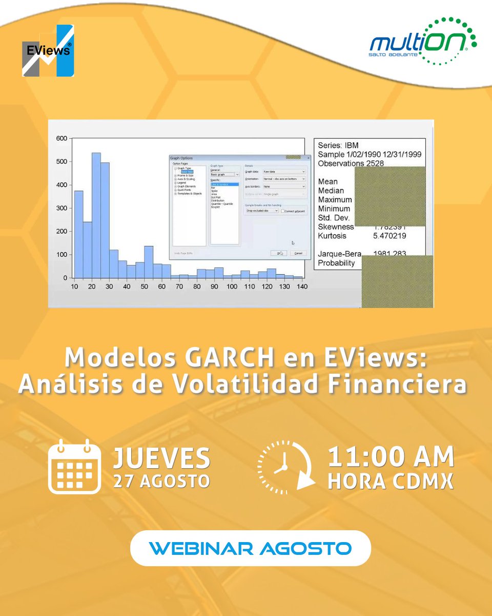 Multi_ON's tweet photo. Aprende a estimar modelos GARCH en EViews para analizar la volatilidad de series financieras con datos reales. Identifica efectos ARCH, compara modelos e interpreta resultados para entender mejor los mercados.

Registro 👉 https://t.co/pSLbdDWhq1