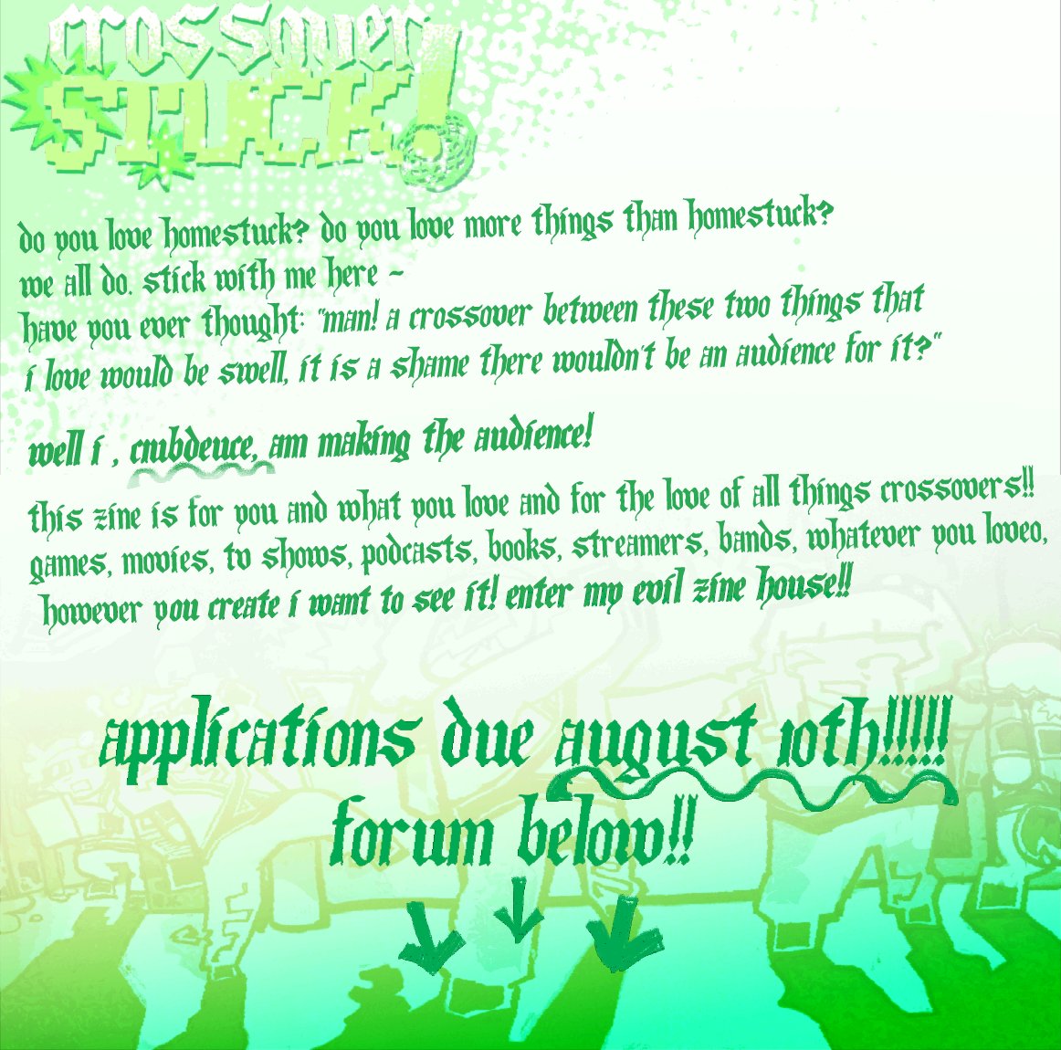 C1ubDeuce's tweet photo. NEW ZINE !! CROSSOVER!STUCK !! PLEASE APPLY !! https://t.co/YnfJAsYWMg