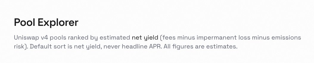 useUniPool's tweet photo. The UniPool app is also on mainnet

Explore every Uniswap v4 pool ranked by real net yield (fees − IL − emissions risk), not headline APR.

• Filter by pair type: stable / correlated / volatile
• Set max impermanent loss (≤5%, ≤10%, ≤20%)
• Toggle emissions on/off to see durable yield
• Read-only, no wallet needed

See what a pool actually pays 👇
https://t.co/wlM3XU4BtV