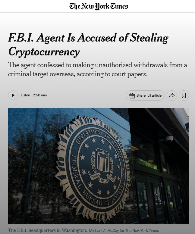 RichardHeartWin's tweet photo. F.B.I. Agent Patrick Steven Yaroch confessed to stealing cryptocurrency, worth about $1,000,000 in 2024 or early 2025 says the New York Times quoting court documents.

I remember when Carl Mark Force IV (DEA Special Agent) got caught stealing Bitcoin. Also, Shaun W. Bridges (U.S. Secret Service Agent) got caught stealing 20,000 BTC as well.

Bonus! CNN says "The month before his arrest, Yaroch allegedly asked ChatGPT: “If you had a bucket of money (around $1 million) and you wanted to leave the USA and become a resident or citizen of an EU country, what would you do?”"

How often do government agents get away with stealing crypto vs getting caught I wonder. Probably unknowable.