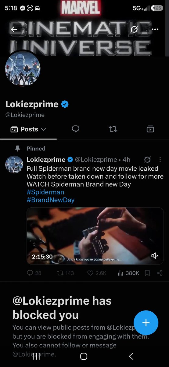 KatStryker111's tweet photo. @Lokiezprime  blocked me but report him!!

He has the Spiderman brand new day full movie on his account. 

Report illegal 

I did 

let's get him suspended

You know what to do fam!
Report and repost let's get him down quick! 

#AMC https://t.co/uMnWmGN5Ys