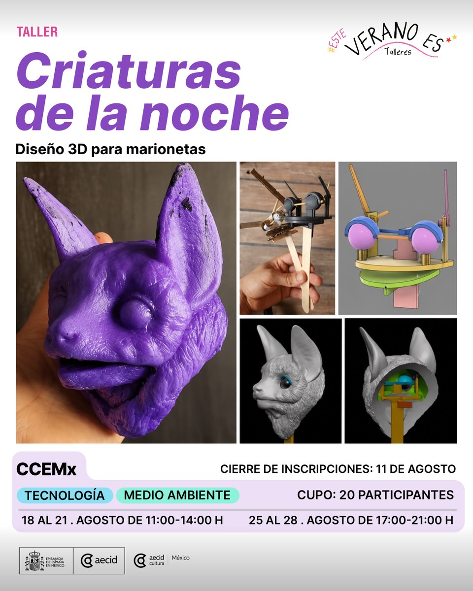 ccemx's tweet photo. En el taller 𝗖𝗿𝗶𝗮𝘁𝘂𝗿𝗮𝘀 𝗱𝗲 𝗹𝗮 𝗻𝗼𝗰𝗵𝗲 explora el diseño, la impresión 3D y la fabricación digital mientras das vida a una marioneta inspirada en la fauna de la Ciudad de México. Durante las sesiones conocerás el importante papel que desempeñan los murciélagos en el equilibrio de los ecosistemas urbanos y crearás una pieza única.

🛠️ Al finalizar, cada participante contará con una marioneta funcional, un medallón impreso en 3D y conocimientos básicos sobre diseño de mecanismos y fabricación digital.

💻 Importante: Antes de inscribirte, consulta los requerimientos técnicos de la computadora que necesitarás durante el taller.

🔗 Inscripciones en https://t.co/AcmavX4oJv

#EsteVeranoEs_Talleres