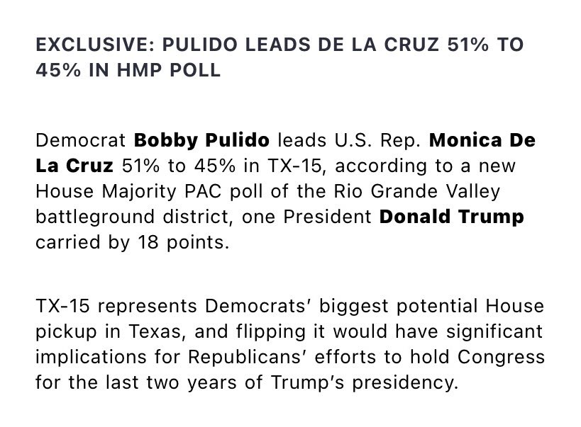 cjwarnke's tweet photo. π¨π¨π¨
NEW @HouseMajPAC poll in #TX15 via @TexasTribune:
@PulidoForTexas: 51%
Monica De La Cruz: 45%
Generic Dem: 48%
Generic Republican: 46%
2024 recall in the poll is Trump+15 https://t.co/0DBEVi2SsG