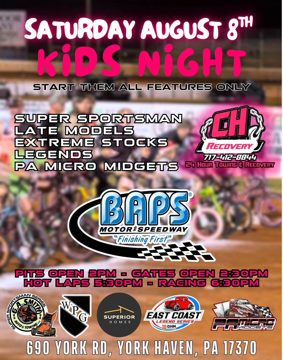 bapsrace's tweet photo. The largest kids night in the northeast!

CH Recovery Kids Night
💥 Saturday August 8

Over 2500 prizes for the kids! 
100 free T-shirts for the kids!
250 Free Snow Cones https://t.co/xKbLNJ6GJF