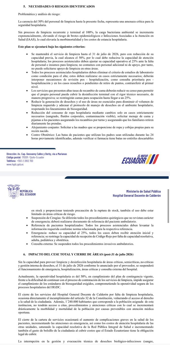 ElenaDeQuito's tweet photo. 🚨 URGENTE| El Hospital General Docente de Calderón podría suspender todos sus servicios.

Un informe al que tuve acceso establece un plan de contingencia que contempla suspender emergencia, hospitalización, UCI, neonatología, centro obstétrico, consulta externa y cirugías, ante el riesgo sanitario provocado por la falta de limpieza y desinfección. En definitiva: el hospital dejaría de funcionar, afectando a más de 1,2 millones de personas, mientras una crisis administrativa, contractual y presupuestaria amenaza con paralizar uno de los principales establecimientos públicos de salud de Quito.
@teleSURtv