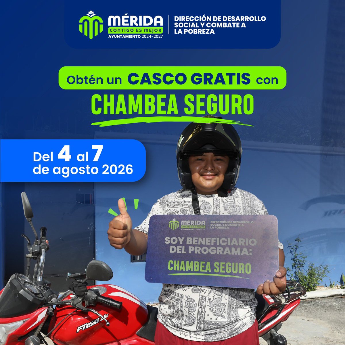 AyuntaMerida's tweet photo. Si usas motocicleta como medio de trabajo, del 4 al 7 de agosto estaremos recibiendo tus documentos en la Dirección de Desarrollo Social y Combate a la Pobreza y la Plaza Santos Lugo Sur para que puedas obtener tu casco gratis y viajes más seguro. https://t.co/oWSrLxMWny