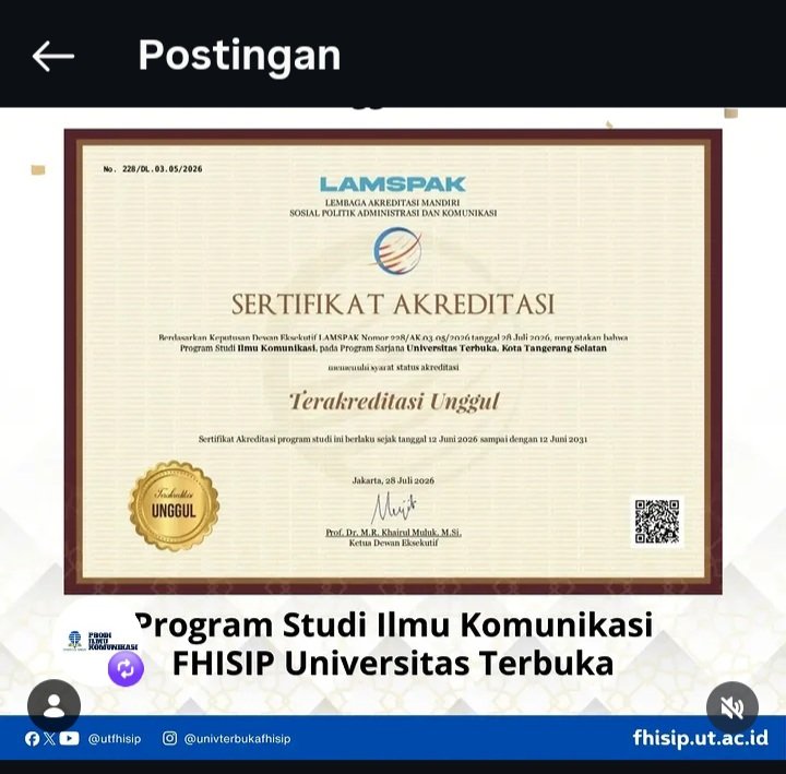 FitriDevikim's tweet photo. Program studi Ilmu komunikasi Universitas Terbuka sudah mendapat akreditasi unggul, akreditasi tertinggi (sama dengan akreditasi A) https://t.co/M2ujmXEB2x