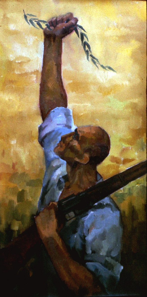 Gredtoo's tweet photo. Means and an End.
A young Palestinian man holds a rifle in his left hand, while his right hand reaches upward, holding an olive branch.
- Painted and described by the Palestinian artist: Ismail Shammout in 1963. https://t.co/YCS0ar9LCt