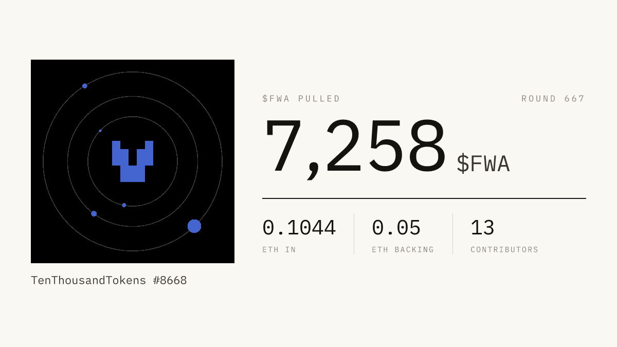 fwapools's tweet photo. Round 667

0.1044 ETH in → 7,258 $FWA out https://t.co/b0QABAGela