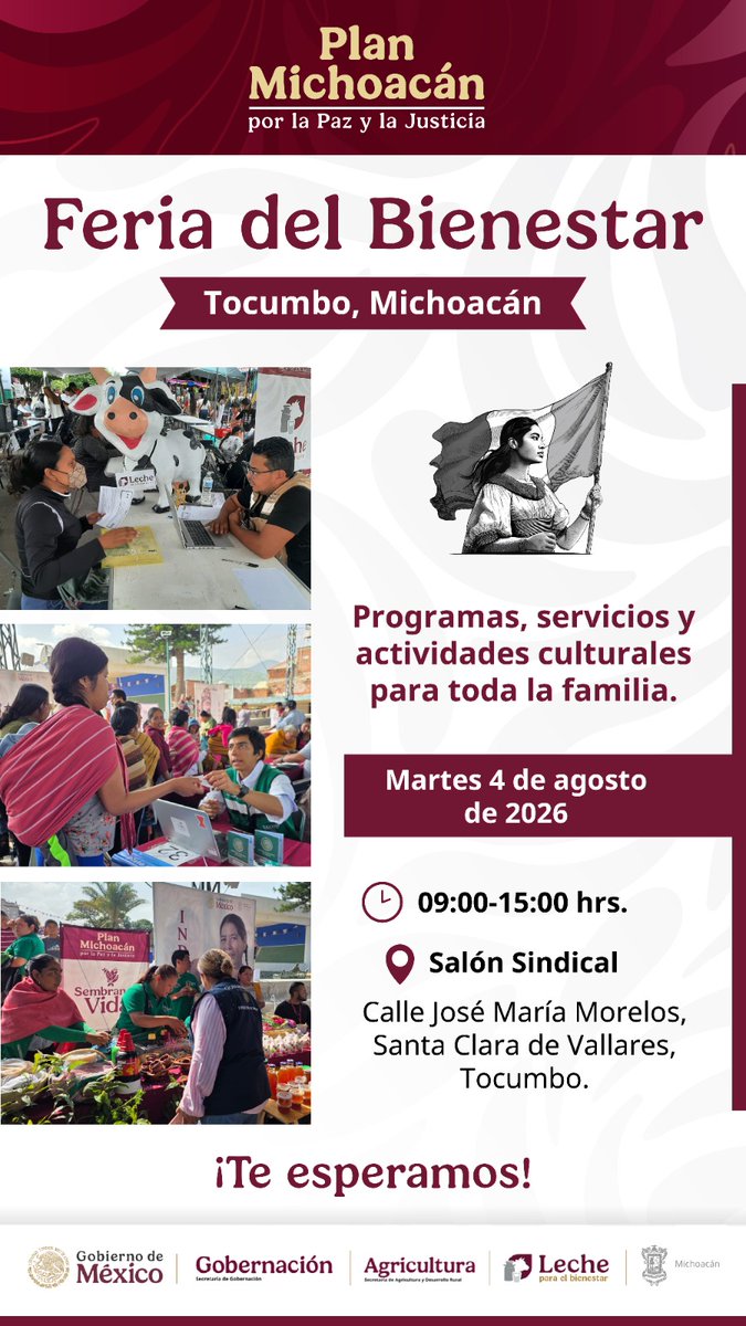 RocioBarcenaM's tweet photo. Hoy tenemos #FeriaDelBienestar en #Tocumbo #Michoacán, asiste con toda tu familia al salón sindical. Habrá servicios y trámites, así como actividades culturales. Seguimos trabajando en el #PlanMichoacán como lo instruyó la Presidenta @Claudiashein @rosaicela_ @SEGOB_mx https://t.co/olfKNttEXi