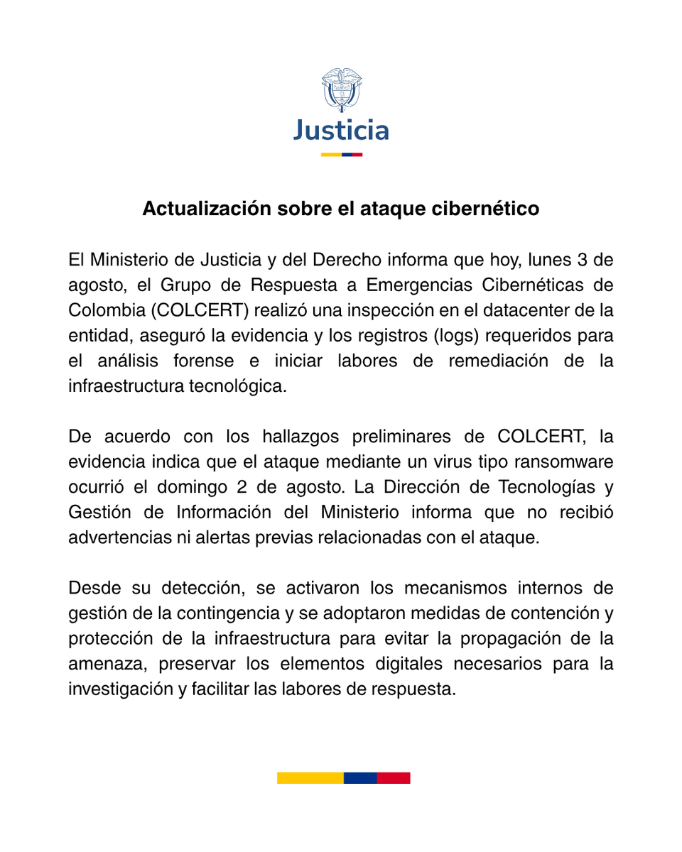 MinjusticiaCo's tweet photo. 🚨 Actualización sobre el ciberataque a @MinjusticiaCo.  

El Grupo de Respuesta a Emergencias Cibernéticas de Colombia (COLCERT) realizó una inspección en el datacenter del Ministerio, para asegurar el análisis forense.   

Más información ⬇️ https://t.co/MjllvehqhT