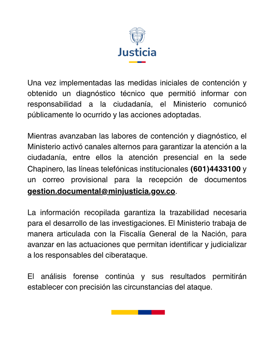 MinjusticiaCo's tweet photo. 🚨 Actualización sobre el ciberataque a @MinjusticiaCo.  

El Grupo de Respuesta a Emergencias Cibernéticas de Colombia (COLCERT) realizó una inspección en el datacenter del Ministerio, para asegurar el análisis forense.   

Más información ⬇️ https://t.co/MjllvehqhT