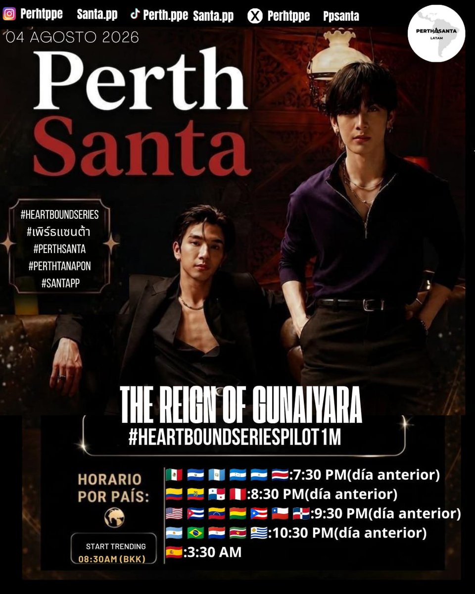 PerthSantaLATAM's tweet photo. 🎬TENDENCIA ESPECIAL.

#HeartboundSeries 
#เพิร์ธแซนต้า #PerthSanta
#PerthTanapon #Santapp

🗓04.08.2026

🔑THE REIGN OF GUNAIYARA 

#️⃣  HeartboundSeriesPilot1M

🌎HORARIO POR PAIS :

⚠️ABTENGASE DE USAR LA PALABRA CLAVE Y HASHTAG ANTES DE LA HORA INDICADA. https://t.co/qYr4RReiDz