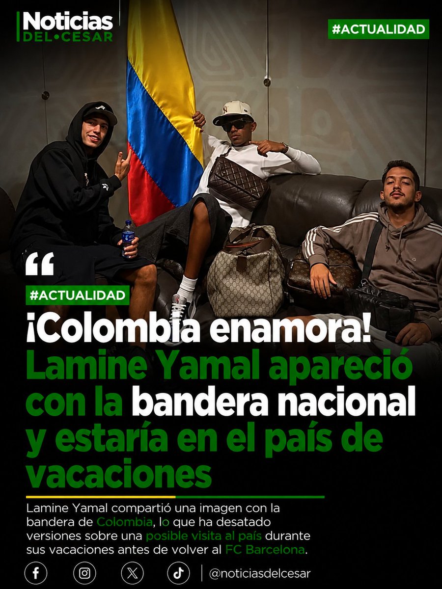 NoticiasDCesar's tweet photo. Lamine Yamal compartió una imagen con la bandera de Colombia, lo que ha desatado versiones sobre una posible visita al país durante sus vacaciones antes de volver al FC Barcelona. @LamineYamal1_0 

#LamineYamal #FCBarcelona #Colombia #FútbolInternacional #Bogotá https://t.co/LztrDyYXzK