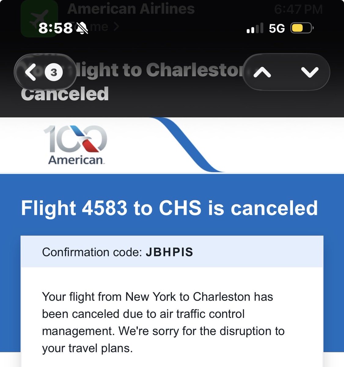 sdunk07's tweet photo. Cancellation for “air traffic control management” and @AmericanAir  won’t do a thing for anyone but rebook. That’s horrible and your wallet is bigger than any of ours. #compensateforfoodandhotel
#stuckinNY https://t.co/ELE6z8vhNA