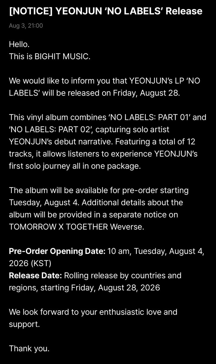 kchartsmaster's tweet photo. YEONJUN announces the release of ‘NO LABELS’. Out on August 28.

The vinyl album will combine ‘NO LABELS: PART 01’ and ‘NO LABELS: PART 02’. https://t.co/8Fqp5ZlEyk