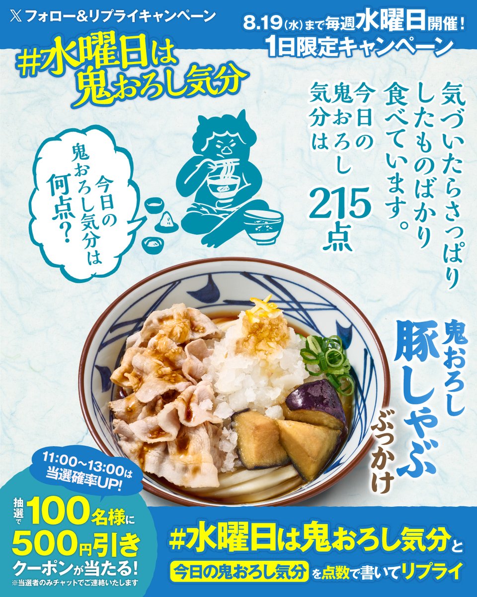 UdonMarugame's tweet photo. ／
水曜限定企画🎊
水曜日は鬼おろし気分👹🎐
＼

今日のあなたの鬼おろし気分は何点？🥢
食べたい気持ちを点数で教えて🙌

鬼おろし豚しゃぶぶっかけに使える【5️⃣0️⃣0️⃣円引きクーポン】を1️⃣0️⃣0️⃣名様に🎁
参加方法はスレッドをご確認ください👇 https://t.co/QQ2oC4GAkd