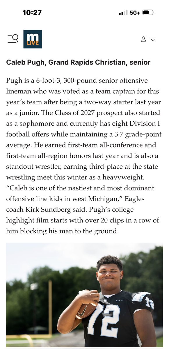 CalebMPugh's tweet photo. Thanks for the article @MLive! Looking forward to #fridaynightlights! #entitledtonothing #seniorseasonloading https://t.co/3TmBMPaxqV