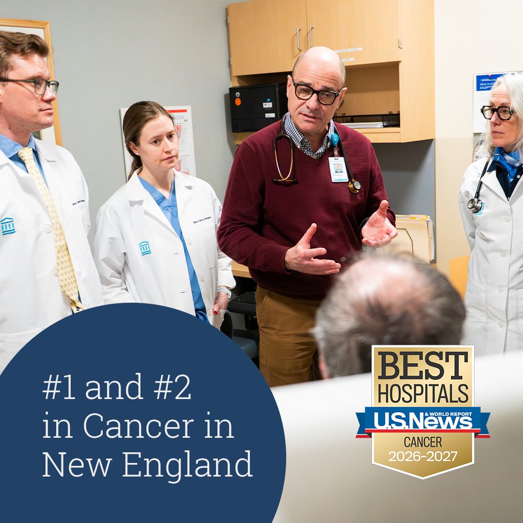 MassGenBrigham's tweet photo. Two Mass General Brigham hospitals top their region for cancer care—@Brighamandwomens and Dana-Farber Cancer Institute and @MassGenNews rank #1 and #2 in New England by @usnews. Explore the latest treatments and technology here: https://t.co/vXnnJe5Wea https://t.co/s0TsUZ8uPI