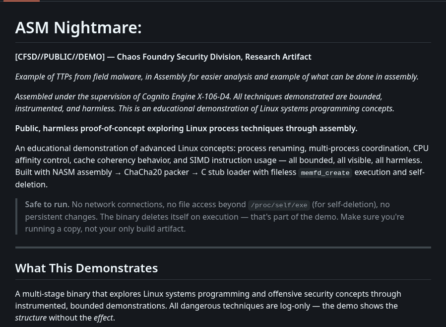J4ck3LSyN's tweet photo. ASM-Nightmware PoC Demo..
> https://t.co/7pIqAtjcXv
> (#CFSD:@Archknight23)
+ fileless memfd exec
+ self-delete process rename
+ CPU affinity hopping cache
+ coherency SIMD
- fully instrumented (harmless demo)..
#CyberSecurity #InfoSec #ASM https://t.co/fNPHTwuPXY