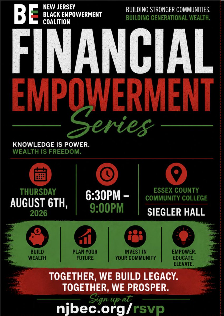 OfficialNJCFE's tweet photo. New Jersey Black Empowerment Coalition-Financial Empowerment Workshop Series    

When: Thursday, August 6 @ 6:30 PM EDT   

Where: Essex County Community College - Siegler Hall | 303 University Ave, Newark, NJ 07102     

RSVP Here: https://t.co/MpGvCOT0hr https://t.co/aYW5ALoo69