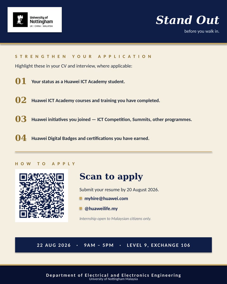 UNM_EE_Eng's tweet photo. Huawei Onsite Interview — Fresh Grads &amp; Internship

22 Aug 2026 (Sat) · 9AM–5PM · Level 9, Exchange 106.

12 roles open. Submit your resume by 20 Aug. Internship: Malaysian citizens only.

Swipe for roles and interview tips.

#UNMEEE #HuaweiMalaysia #Internship #FreshGrads https://t.co/7hxEGt1Si1