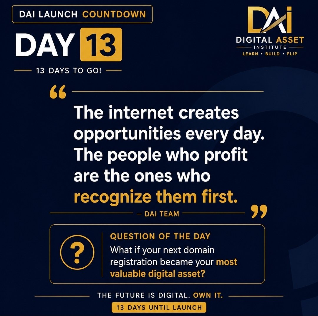 DomainDAI's tweet photo. 🚀 DAI Launch Countdown • Day 13
The next valuable domain could be registered today. Will you spot it before everyone else?
Join us: https://t.co/SwuSufjKfc
⏳ 13 Days to Go 💙 https://t.co/PmSp5c97di
