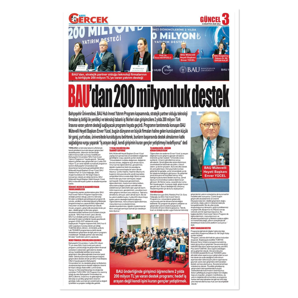 bhcshr_samlise's tweet photo. BAU Hub Invest’in 2 yılda girişimcilere sağlayacağı 200 milyon TL’lik yatırım desteği, Samsun basınında geniş yer buldu. 📰
(Samsun Gazetesi, Halk Gazetesi ve Gerçek Gazetesi 04.08.2026) https://t.co/QH761yEJji